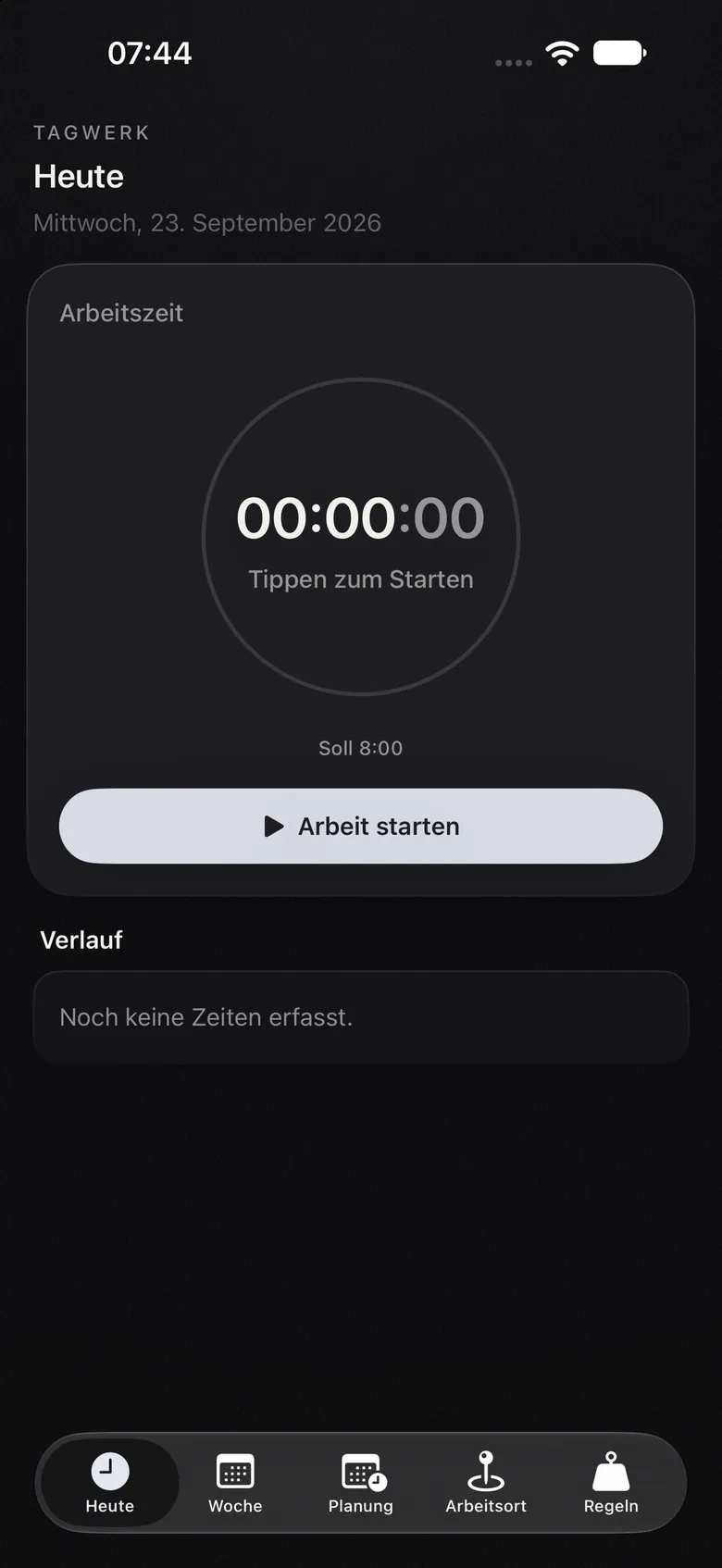 Tagwerk-App: Bildschirm Heute, bereit zum Start im Dunkelmodus