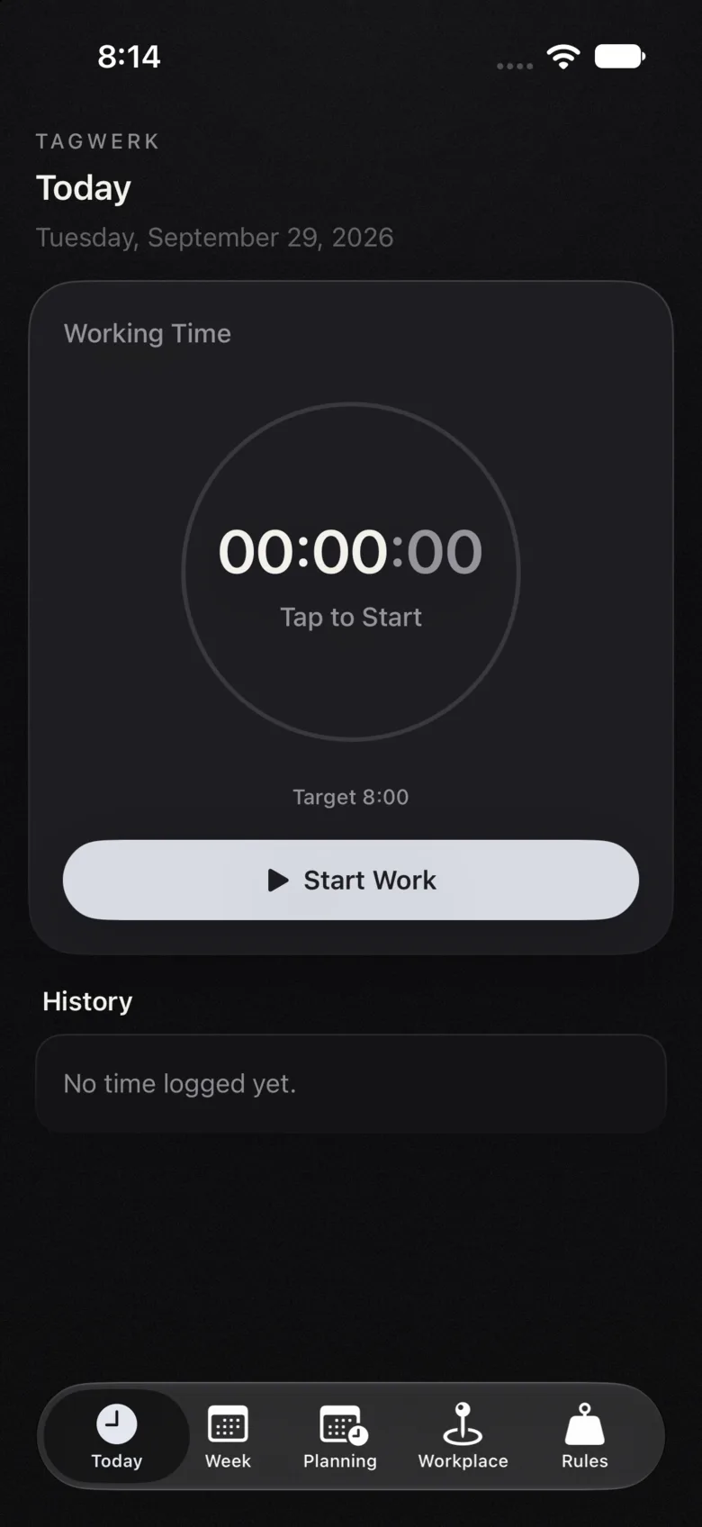 Tagwerk app: Today screen, ready to start in dark mode