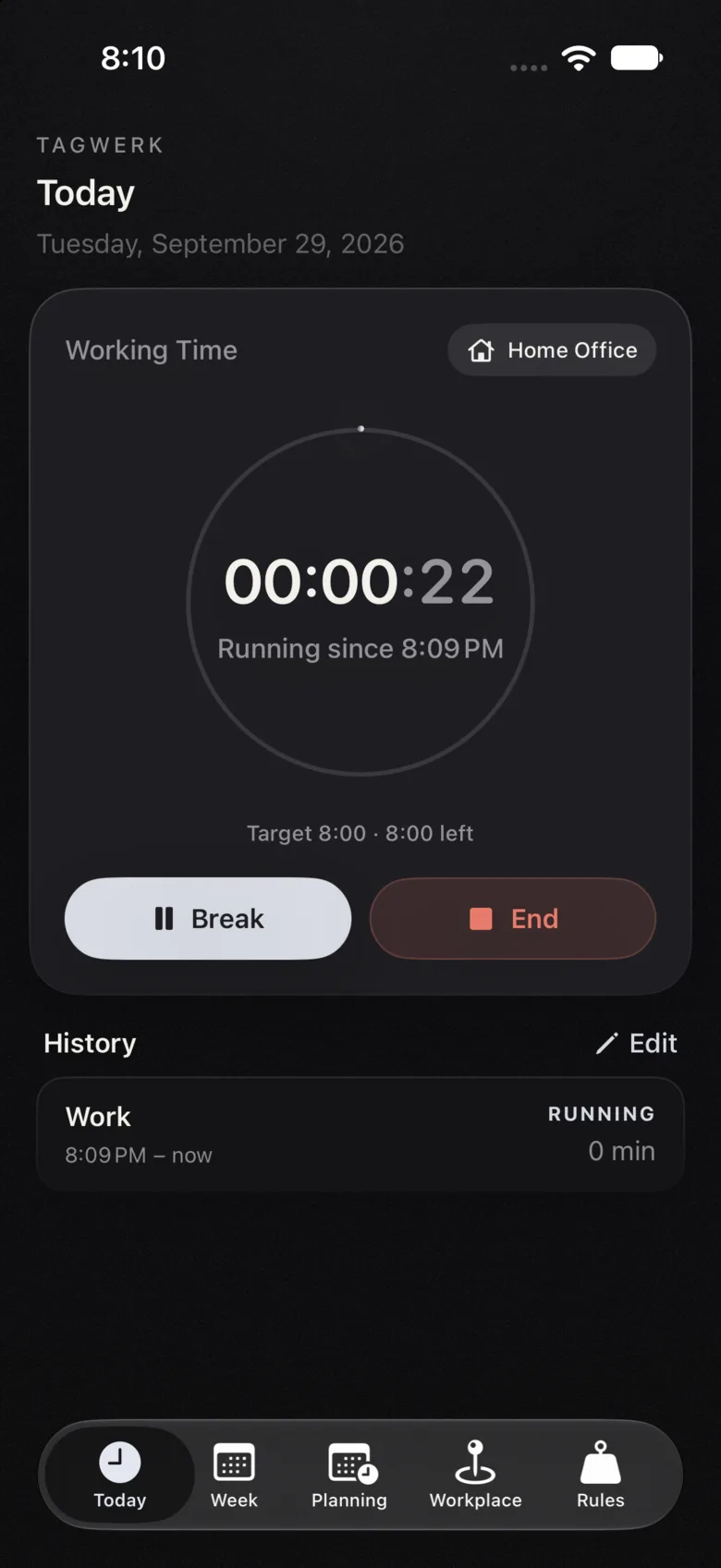 Tagwerk app: running time tracking on Today in dark mode