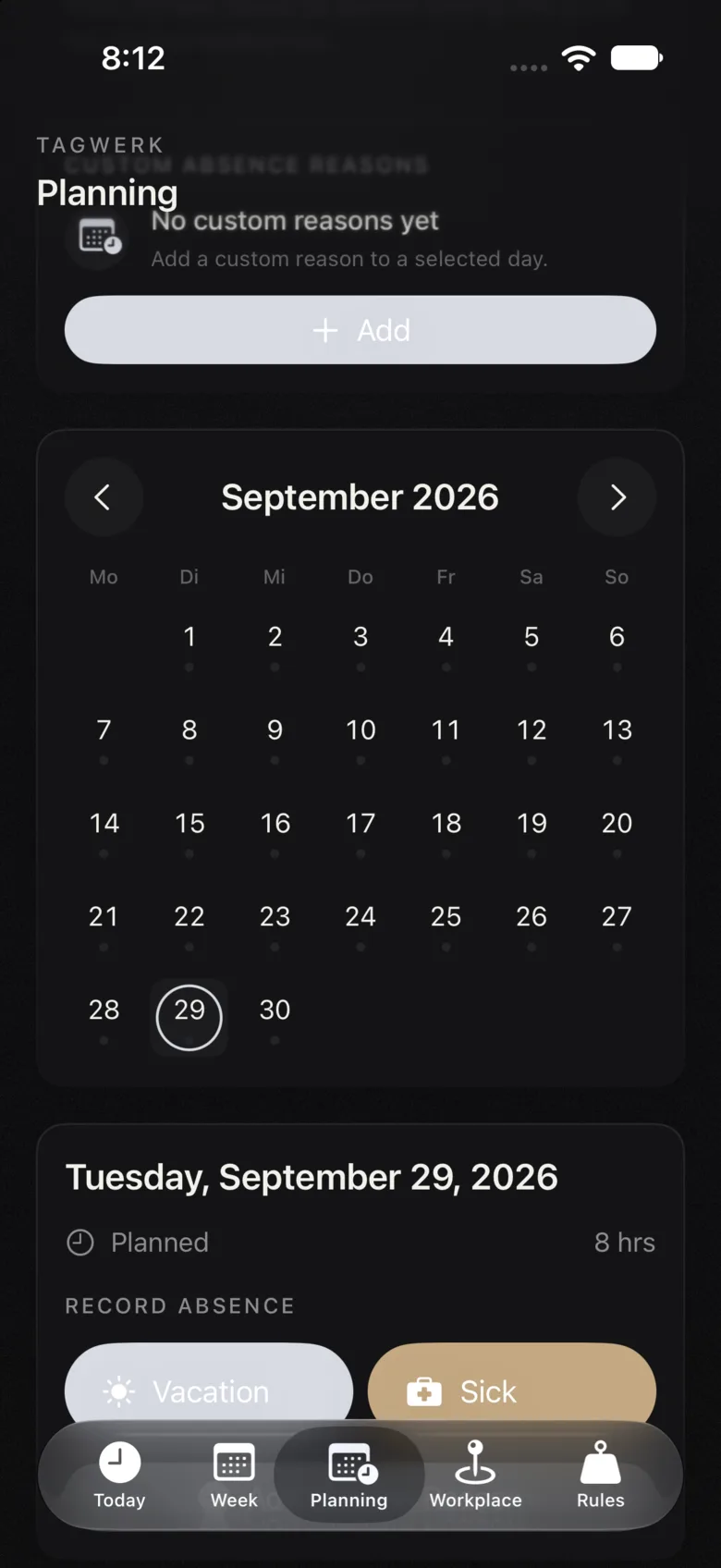 Tagwerk app: planning entries in dark mode