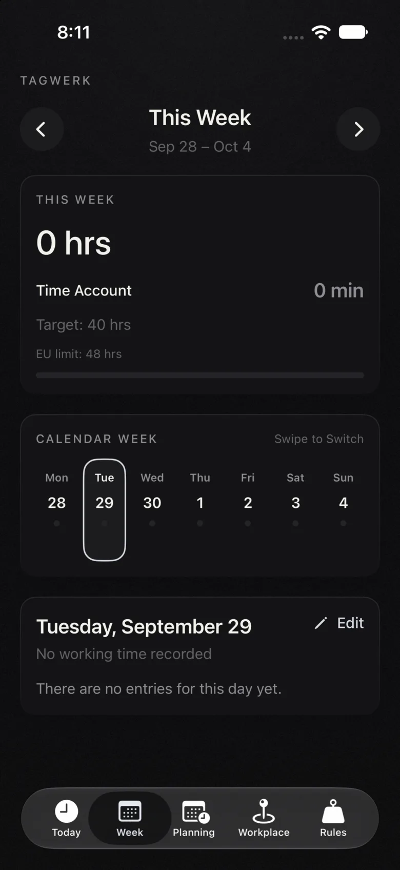 Tagwerk app: week overview of working hours in dark mode