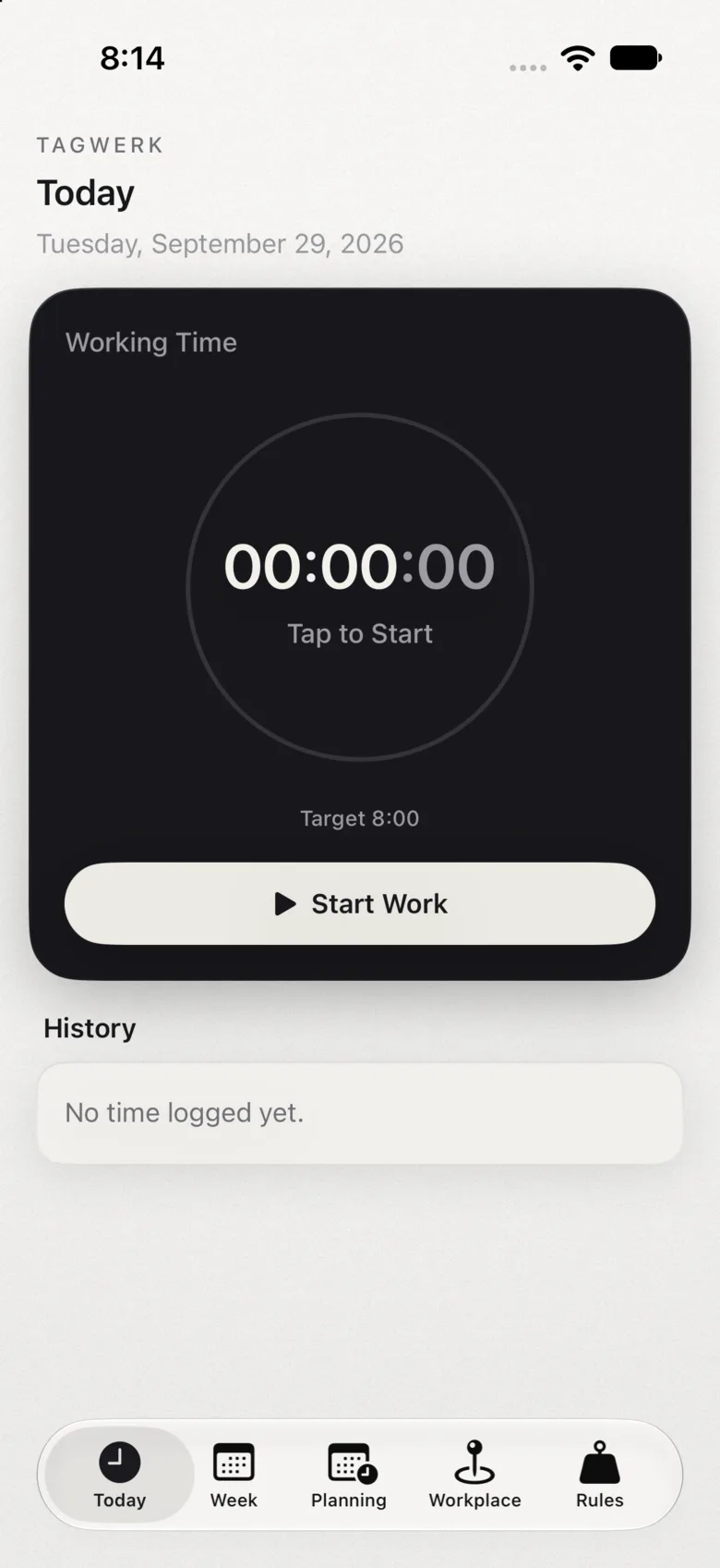 Tagwerk app: Today screen, ready to start in light mode
