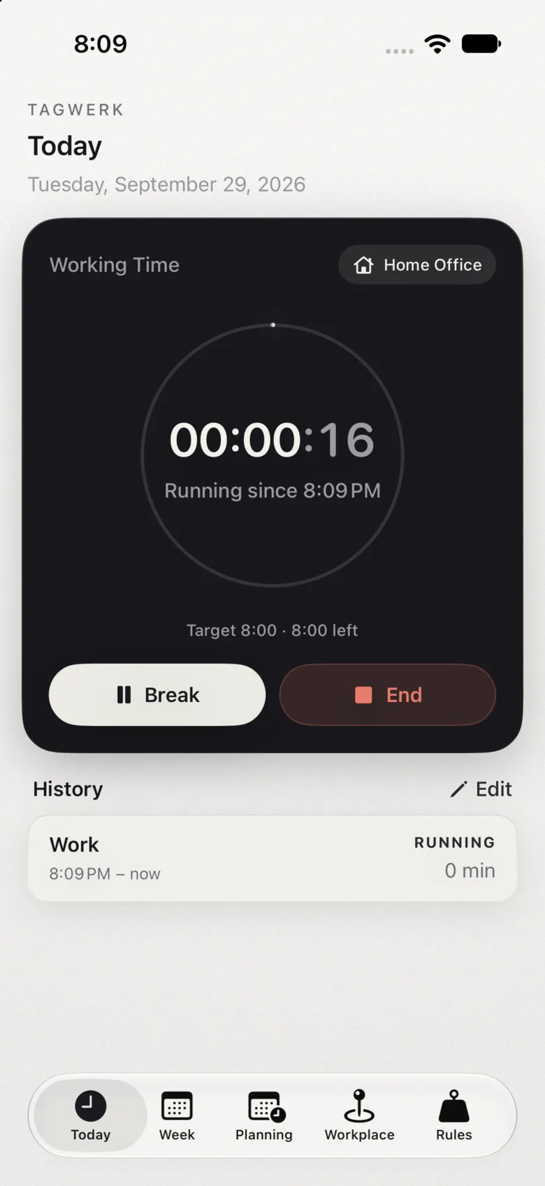 Tagwerk app: running time tracking on Today in light mode