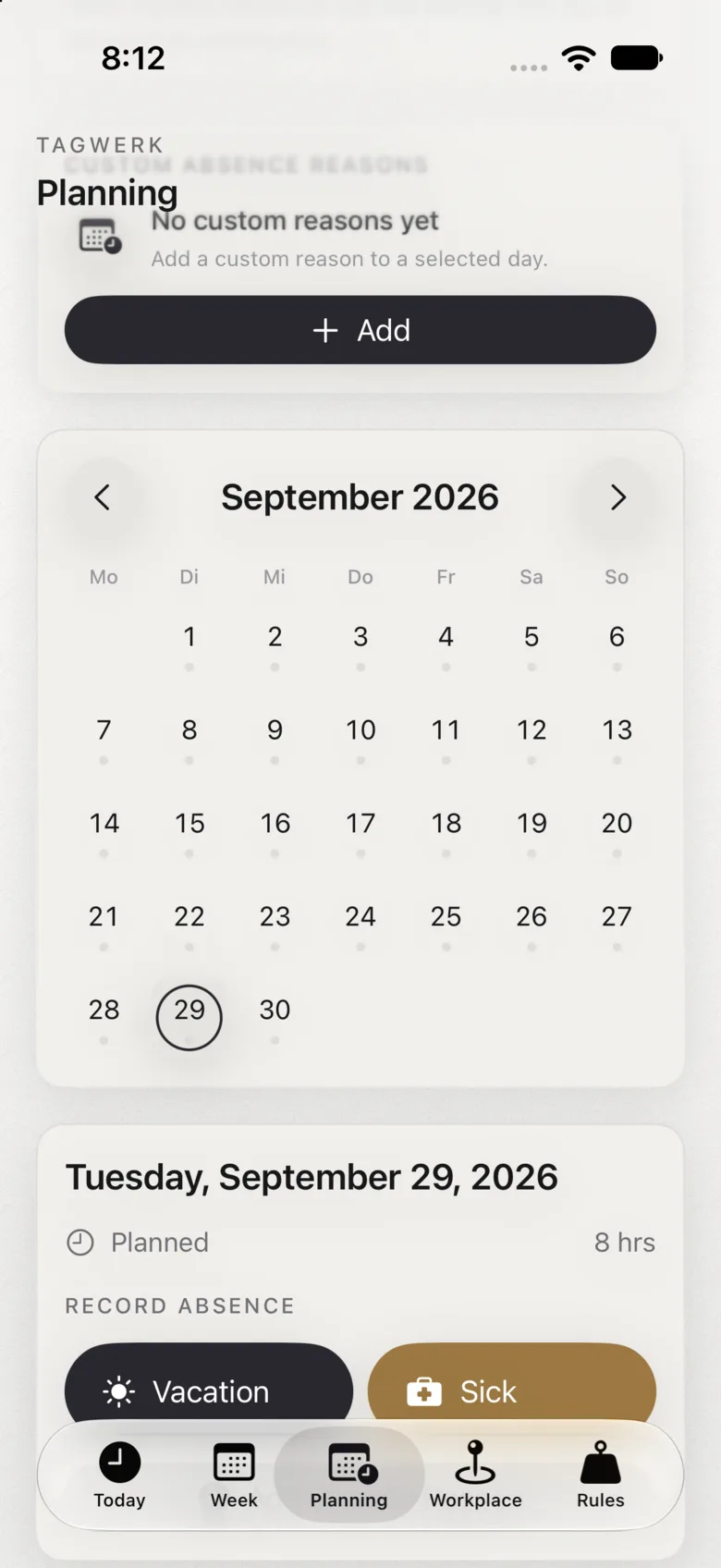 Tagwerk app: planning entries in light mode