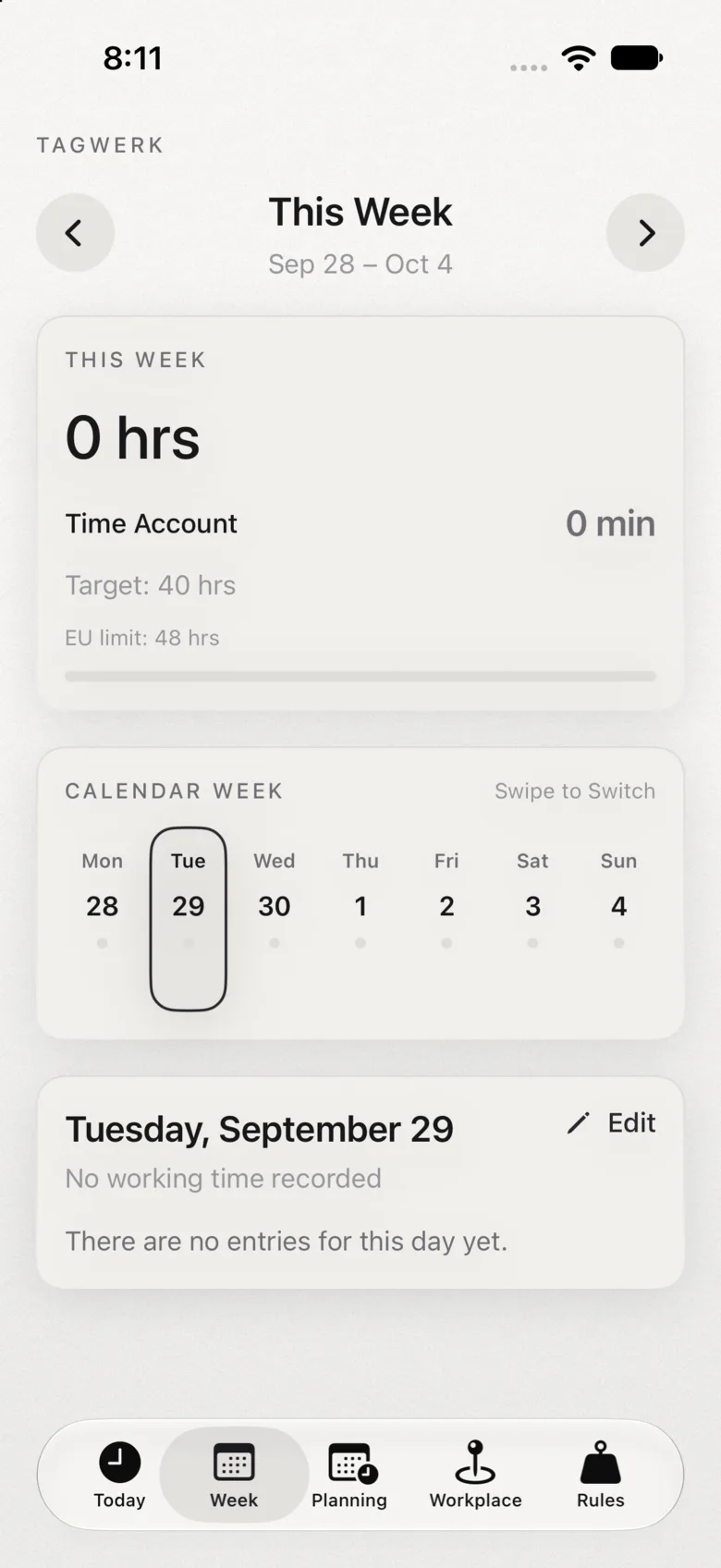 Tagwerk app: week overview of working hours in light mode