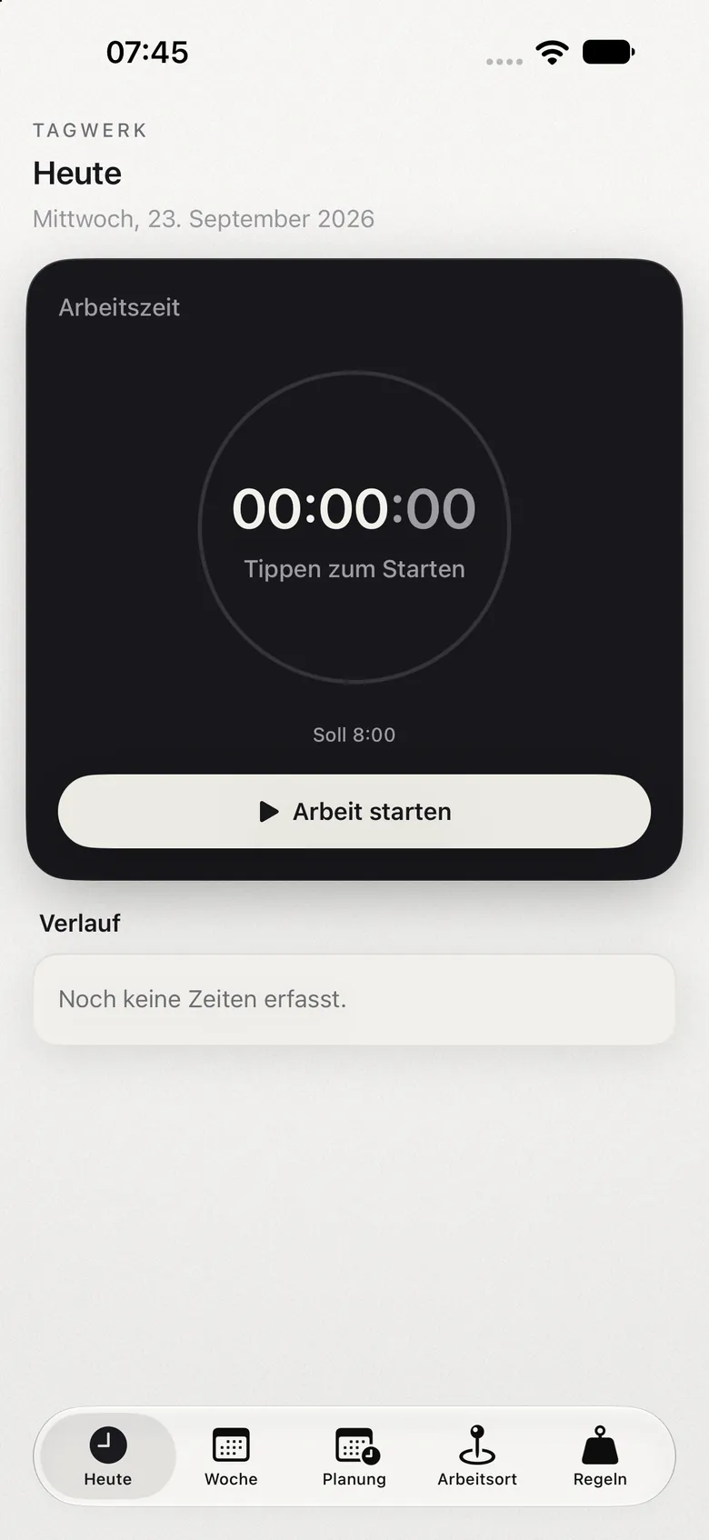 Tagwerk-App: Bildschirm Heute, bereit zum Start im Hellmodus