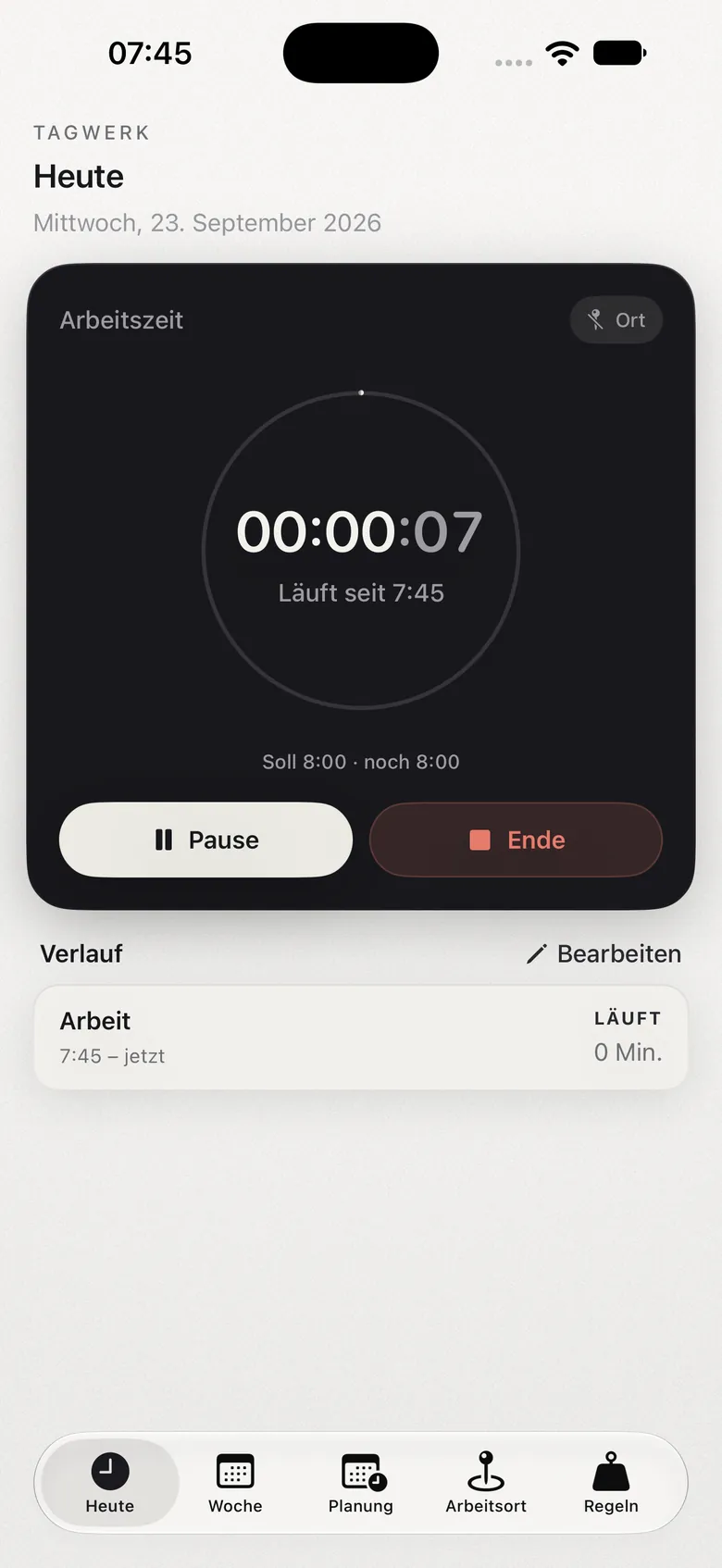 Tagwerk-App: laufende Zeiterfassung auf Heute im Hellmodus